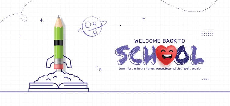 Back to School background with Pencil rocket launching from Notebook to space. Online learning and Web page template, Digital Education concept vector