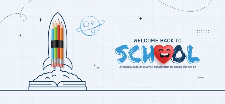 Back to School background with Pencil rocket launching from Notebook to space. Online learning and Web page template, Digital Education concept vector