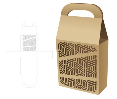 Handle cardboard bag box with stenciled pattern die cut template and 3D mockup vector