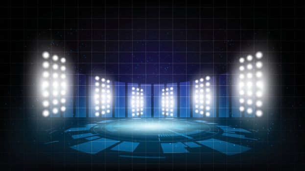 Abstract background stadium stage hall with scenic lights of round futuristic technology user interface Blue vector lighting empty stage spotlight background.