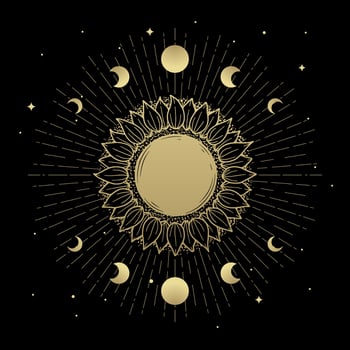 The sun in shape of a flower surrounded by phases of the moon vector
