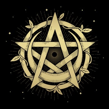 Pentacle and moon decorated with plants and leaves vector