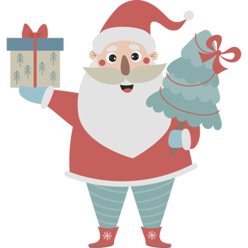 Cute Santa Claus with gift and Christmas tree png