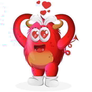 Vector Cute red monster with love heart sign hand