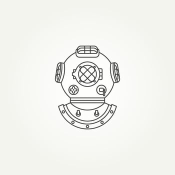 minimalist classic vintage diving helmet line art icon logo template vector illustration design. old underwater diving helmet icon logo concept