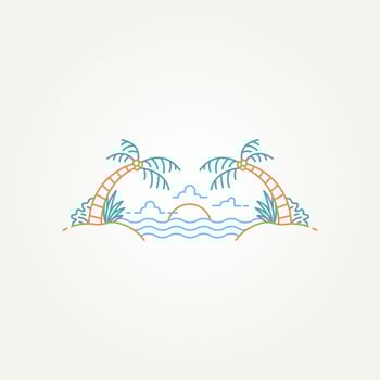 minimalist summer tropical island line art icon logo template vector illustration design. simple modern tropical beach vacation with palm tree and sunset symbol logo concept