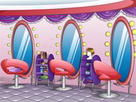 Beauty and Hair  Salon Background Setting with Hairdressing Chairs Mirrors and Tools. Vector Illustration