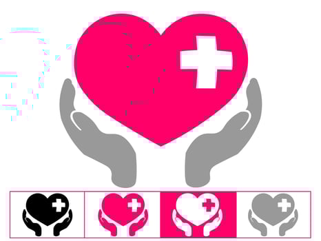 Charity logo, hands supporting heart icon flat design vector illustration