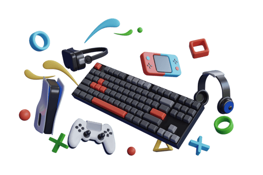 Gaming Keyboard 3D Model Rendering. Flying gamer gears like mouse, keyboard, joystick, headset, VR Headset , gamepad.  Gaming Keyboard hanging with gaming equipment. 3d rendering png
