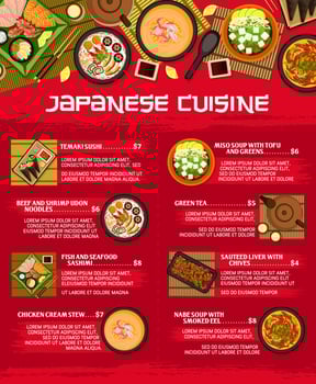 Japanese cuisine menu, vector asian Japan dishes