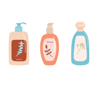Skin care products illustration, body lotion, face toner and cream, liquid soap. Flat cosmetic objects in tube isolated on white background vector