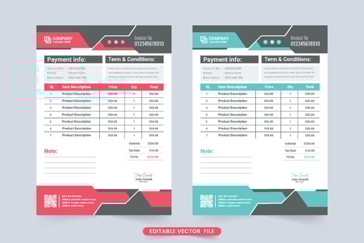 Simple invoice template vector with abstract shapes and product price section. Payment agreement and invoice bill template design with blue and red colors. Print-ready professional business invoice.