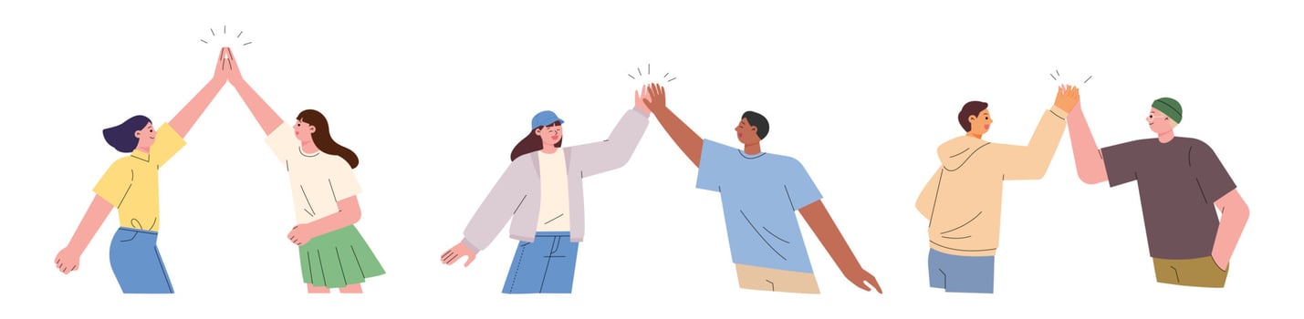 Friends are happy to meet and clasp their palms. flat design style vector illustration.
