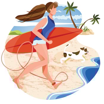Illustration of woman running by holding surfboard with her dog to waves. Excited for outdoor activity to enjoy summer on a bright day. Summer holidays, tropical vacation, beach water activities. vector
