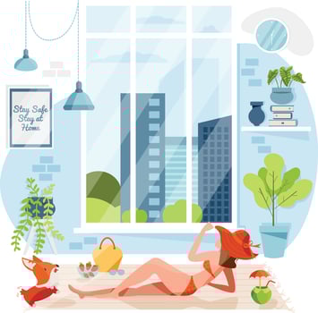 Girl is sunbathing from big window inside apartment living room during summertime. Stay at home during summer. Girl who enjoying Summer season indoor concept. Flat character illustration. vector
