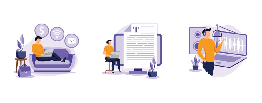 Independent entrepreneur.  Become a freelancer, copywriting service, voice over recording studio, writing article, narration. set flat vector modern illustration