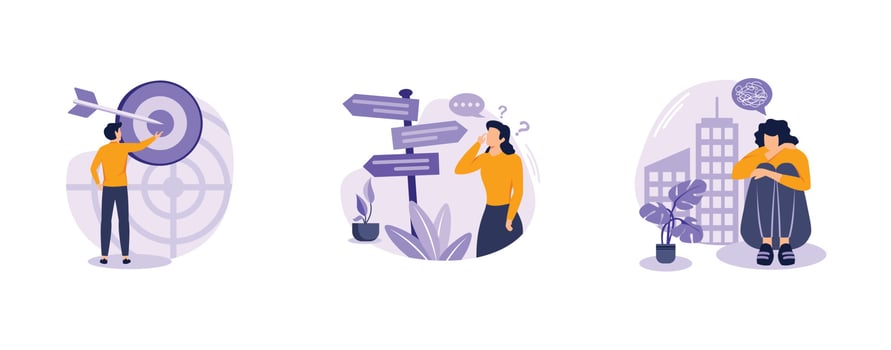 Mental state.  Focus on success, confusion, cognitive dissonance, business goal, mental discomfort, missing out, decision making. set flat vector modern illustration