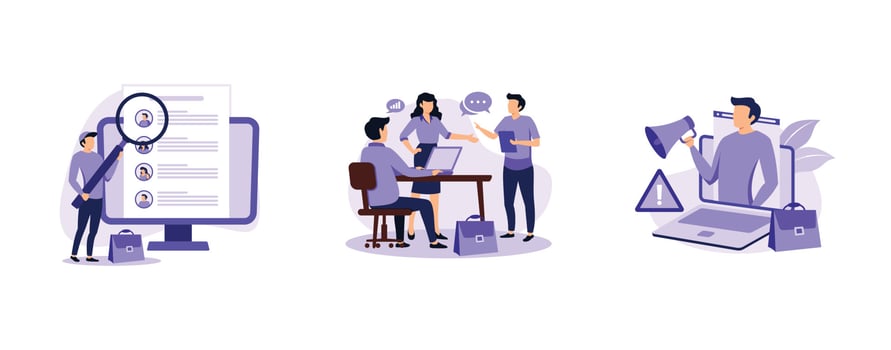 Job proposal. Virtual job fair, internship, job alert, online hiring, human resources service, professional growth. set flat vector modern illustration