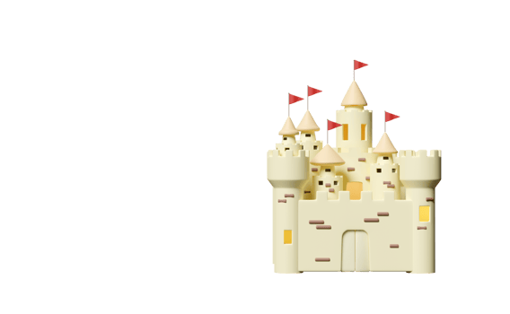 3d sand castle with towers, fort, gates and flags isolated. summer vacation concept, 3d render illustration png