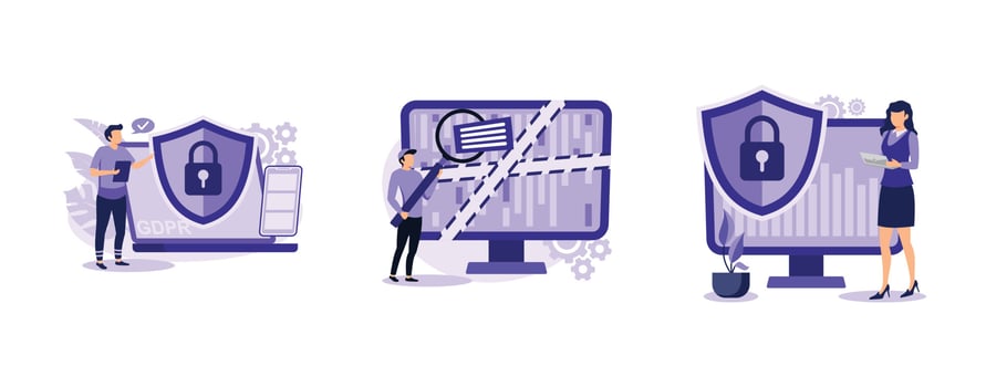 Information control and security. General data protection regulation, computer forensics, cyber security risk management. set flat vector modern illustration