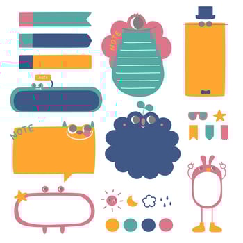 set of cute hand drawn, doodle text box with icon, speech bubble balloon, flat design, vector, illustration vector