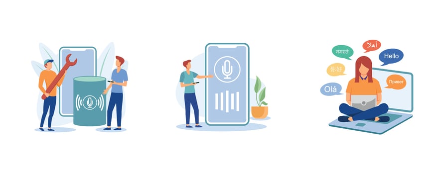 Voice assistant. Smart speaker apps development, voice control, language translation, speech recognition software technology. set flat vector modern illustration