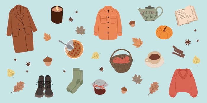 Autumn set - fall leaves, clothes, book, tea, pie, pumpkin and other. Collection of fall season elements. Hello autumn. Vector illustration for invitation,postcard and sticker