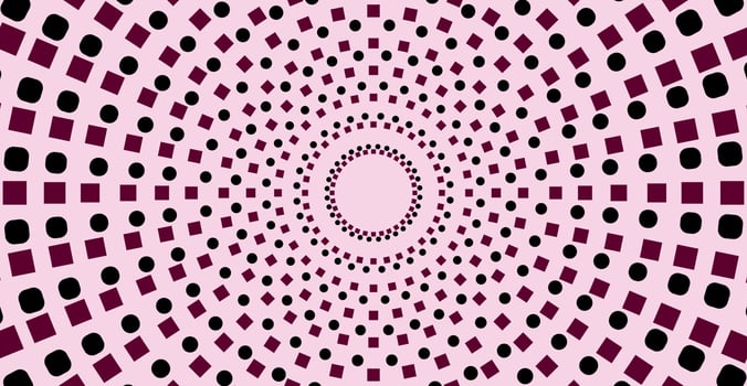 Vortex rings, a mosaic of small circles and squares. Dotted circle shape. The composition comes out of the center. vector