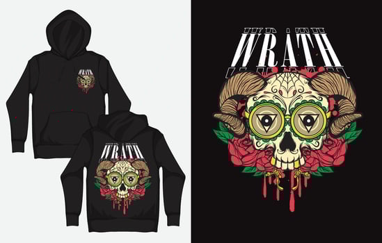 Hoodies with Retro Streetwear Design, Skull Horn, Wrath vector
