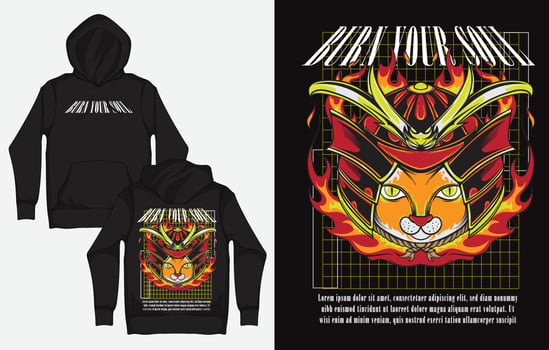 Hoodies with Retro Streetwear Design, Samurai Cat, Buring Soul vector