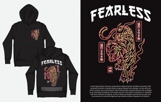Hoodies with Japanese Streetwear Design, Tiger, English Translation - Furious Creatures vector