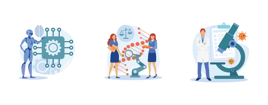 Biological science. Cybernetics and bioethics, microbiological technology, robotic industry, medical ethics and biotech research. set flat vector modern illustration