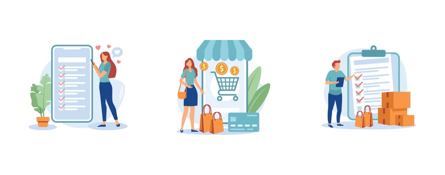 Online shopping. Wishlist, buy, my orders list, add to shopping cart, product in stock, retail store, e-commerce website. set flat vector modern illustration