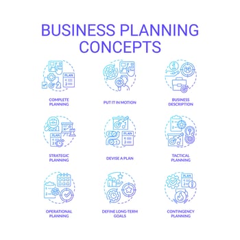 Business planning blue gradient concept icons set. Building development strategy. Management idea thin line color illustrations. Isolated symbols. vector