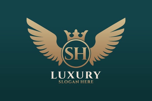 Luxury royal wing Letter SH crest Gold color Logo vector, Victory logo, crest logo, wing logo, vector logo template.