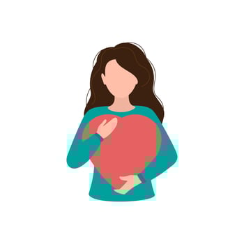 Woman holding a big red heart in her hands. Vector illustration.