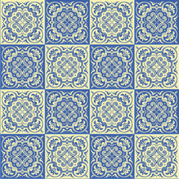 Hand drawing seamless pattern for tile in blue and yellow colors. vector