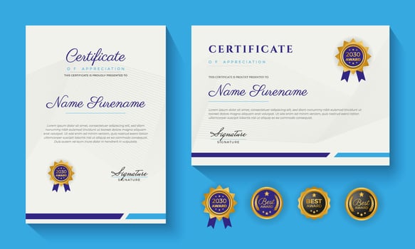 modern blue certificate of achievement or certification of appreciation template design vector