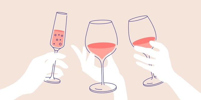 Outline drawing, cheers. Women s hand holding glass of white, red and sparkling wine. Flat illustration for greeting cards, postcards, invitations, menu design. Line art template vector