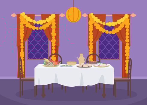 Served table for Diwali dinner flat color vector illustration. Traditional Indian holiday. Religious festival. Fully editable 2D simple cartoon interior with home interior on background
