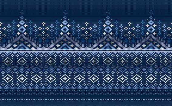 Knitted ethnic pattern, Vector cross stitch Turkish background, Embroidery decorative style, Blue and white pattern aztec motif, Design for fabric, batik, print, sweater