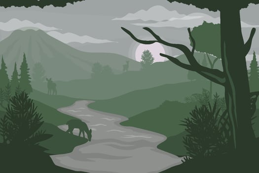 Beautiful vector landscape illustration - Peaceful warm sunrise over mountains, ocean and forest. Travel, hiking, outdoors and adventure concept. Use as background or wallpaper.