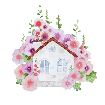Watercolor house with pink flowers mallow png