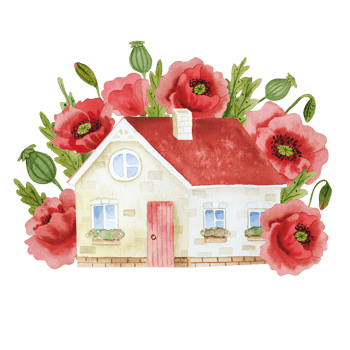 Watercolor house with red poppies png