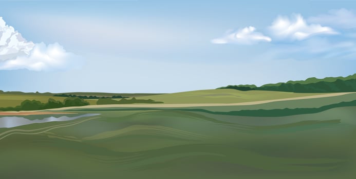 Rural landscape with panoramic skyline. Hills, meadows, trees and fields horizon. Summer nature background. Vector countryside view