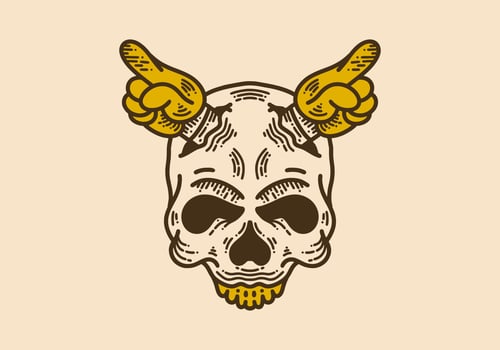 Skull with two hand vintage retro line art vector