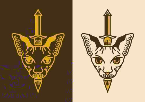 Sword on sphynx cat head vintage retro line art vector