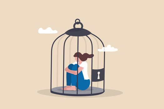 Stuck or trapped, fixed mindset or metal illness problem, anxiety or depression, solitude and loneliness, fear to get outside concept, depressed woman lock herself sit inside birdcage. vector