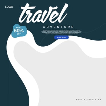 Social media post template for travel and tourism business promotion with agency logo and icons. Summer beach vacation web banner on abstract background. Travel sales poster. Online marketing flyer. vector
