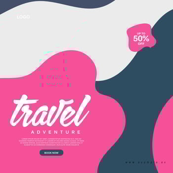 Social media post template for travel and tourism business promotion with agency logo and icons. Summer beach vacation web banner on abstract background. Travel sales poster. Online marketing flyer. vector